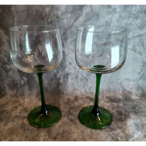 Vintage French Crystal Wine Glasses With Green Stems - Set Of 2